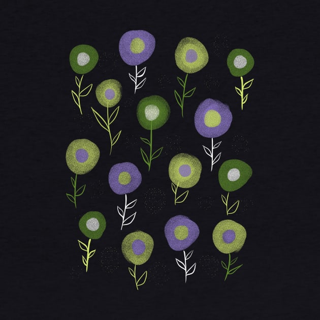 Dark Floral Pattern - Green Purple Round Flowers by Boriana Giormova